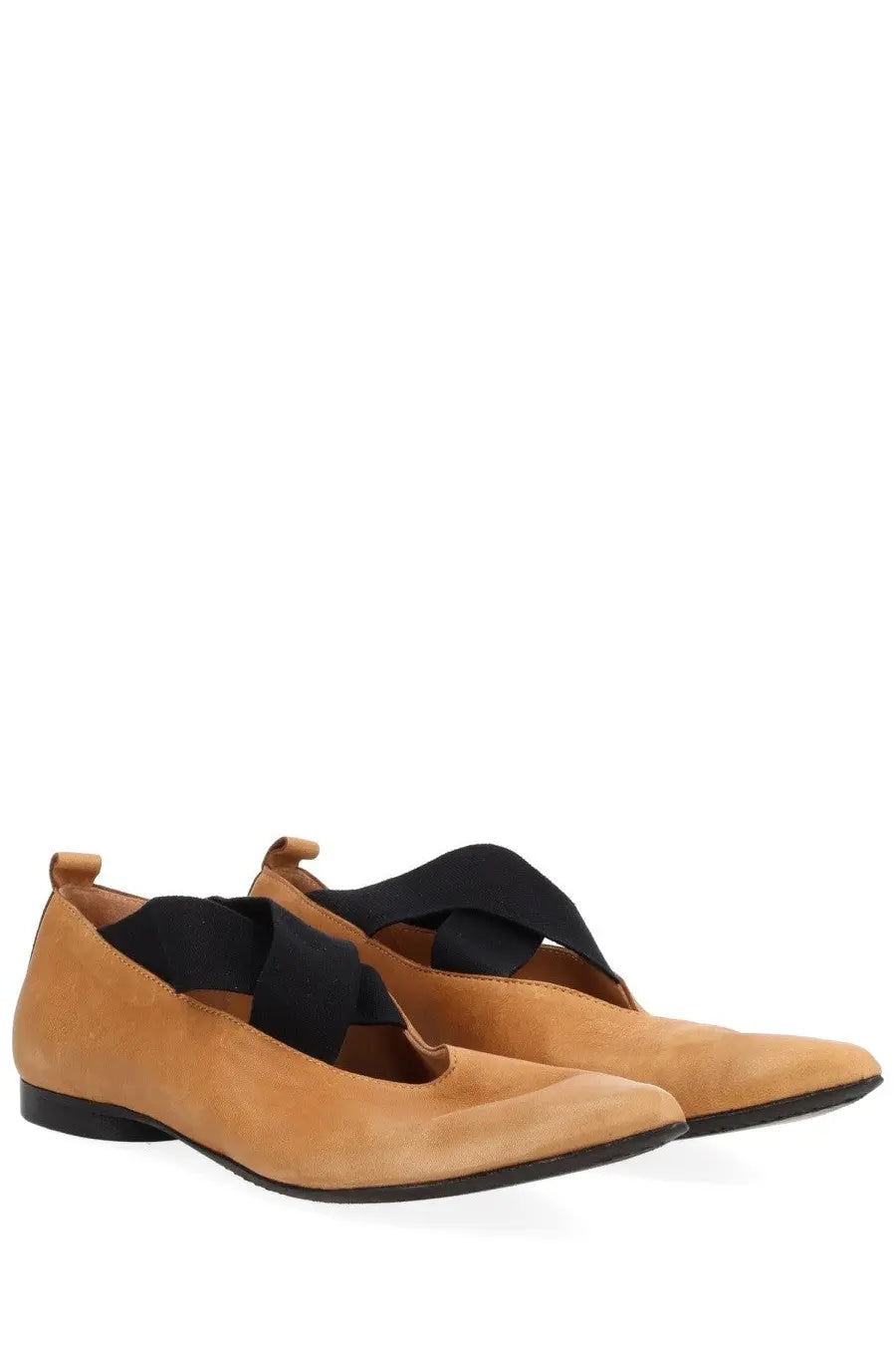Uma wang women’s pointed ballerina beige tan suede flats with black elastic straps across the instep