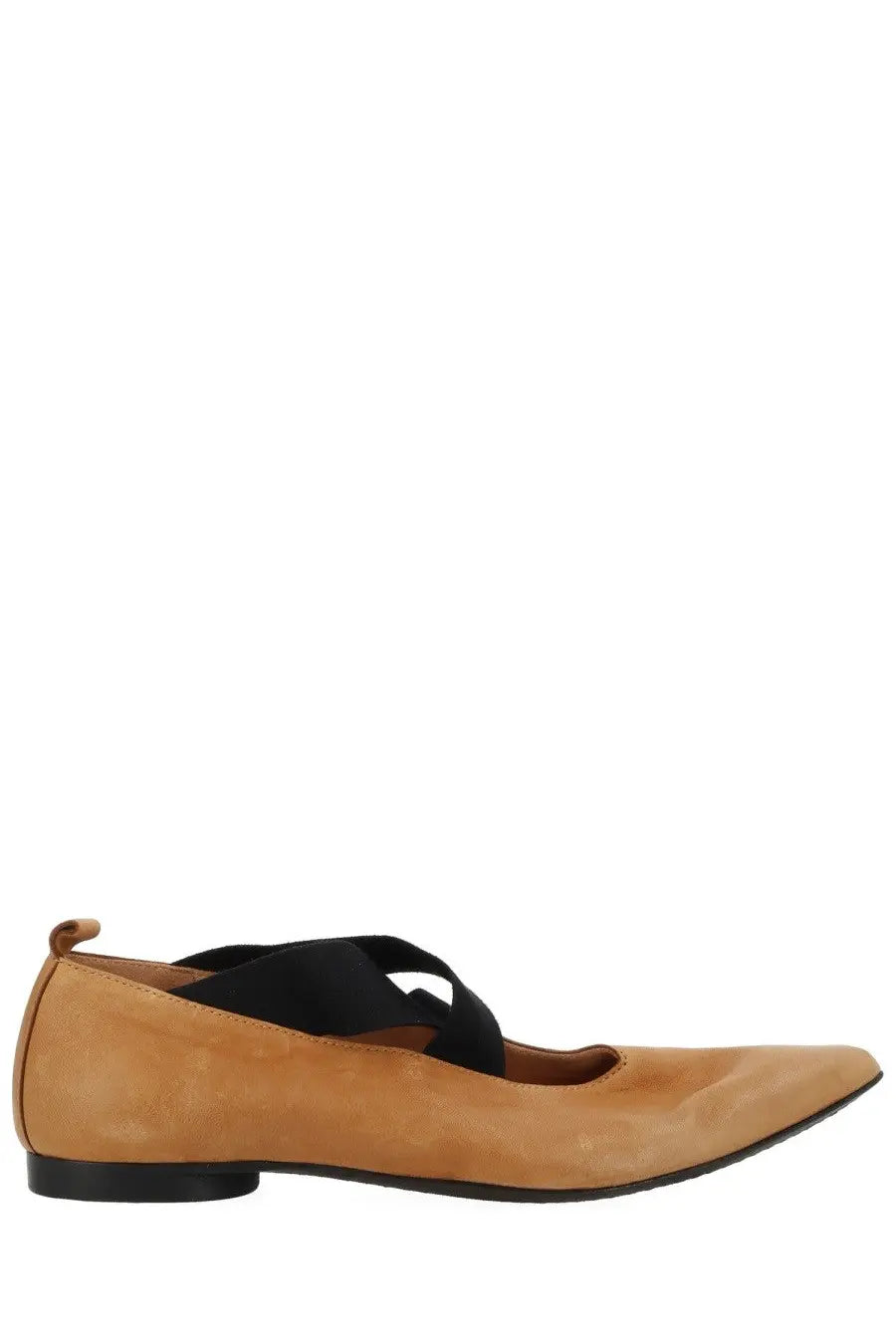 Uma Wang women’s pointed ballerina beige tan suede flat shoe with black elastic strap across instep