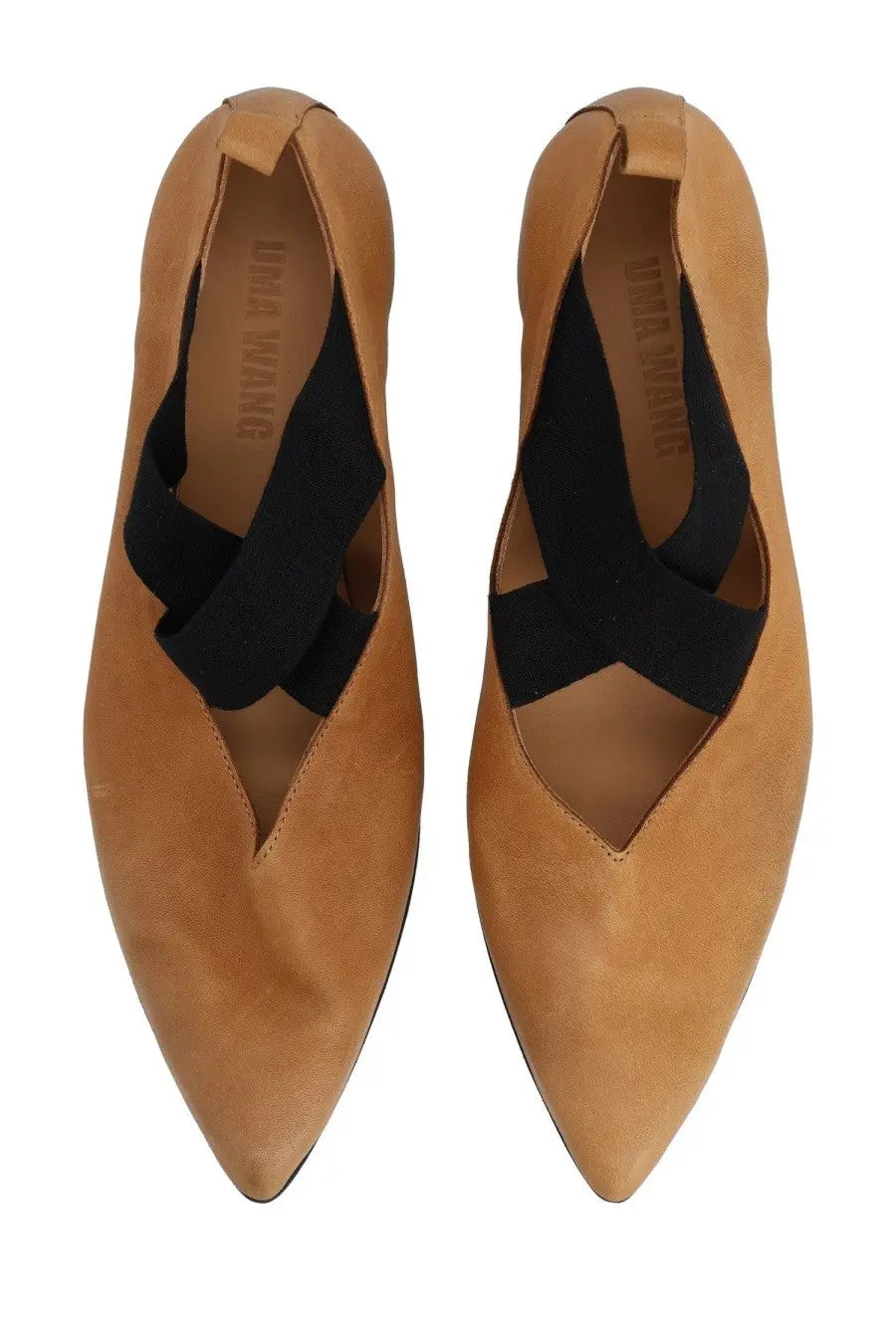 Uma Wang women’s pointed ballerina flats in beige tan suede with black elastic straps crossing the instep