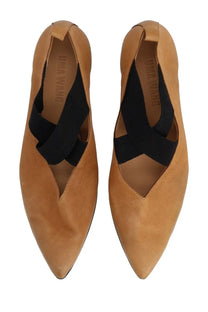 Uma Wang women’s pointed ballerina flats in beige tan suede with black elastic straps crossing the instep