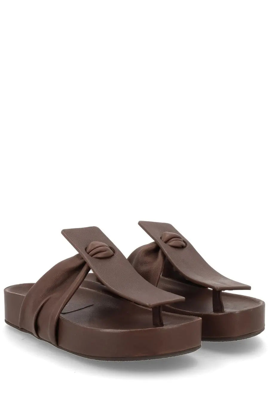Uma wang women’s brown leather flip-flops with platform sole and decorative knot detail on the strap