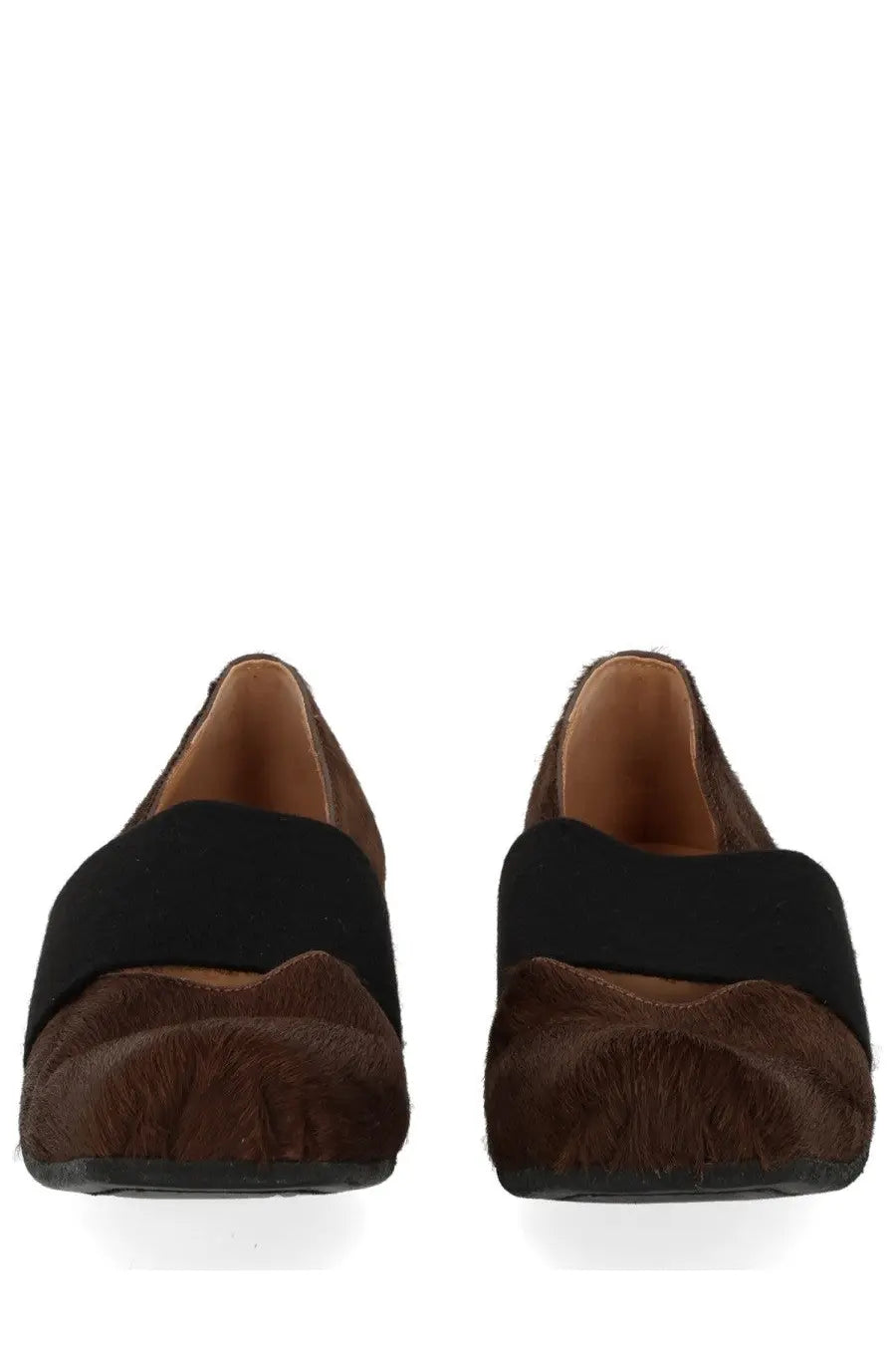 Uma Wang women’s square toe ballerina grey slip-on flats with brown and black textured upper and elastic strap