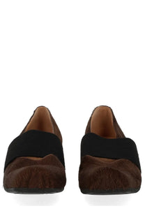 Uma Wang women’s square toe ballerina grey slip-on flats with brown and black textured upper and elastic strap