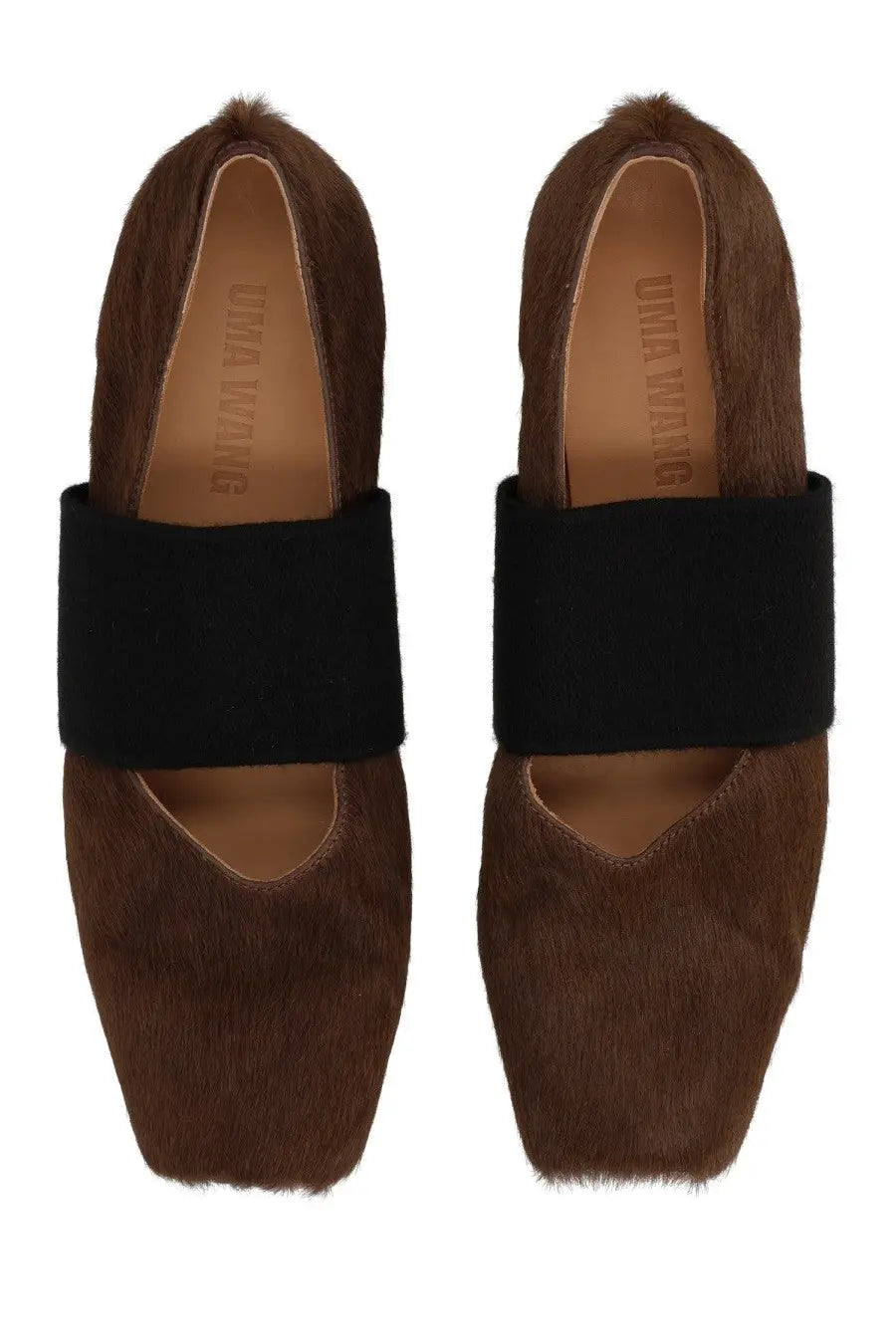 Uma Wang women’s square toe ballerina grey loafers with brown cowhide and black elastic strap across instep