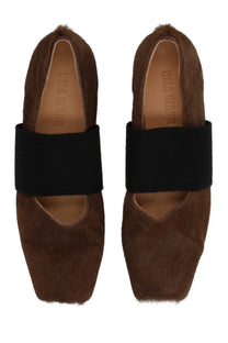 Uma Wang women’s square toe ballerina grey loafers with brown cowhide and black elastic strap across instep