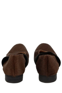 Uma Wang women’s square toe ballerina grey loafers with brown cowhide and black leather low heel accents