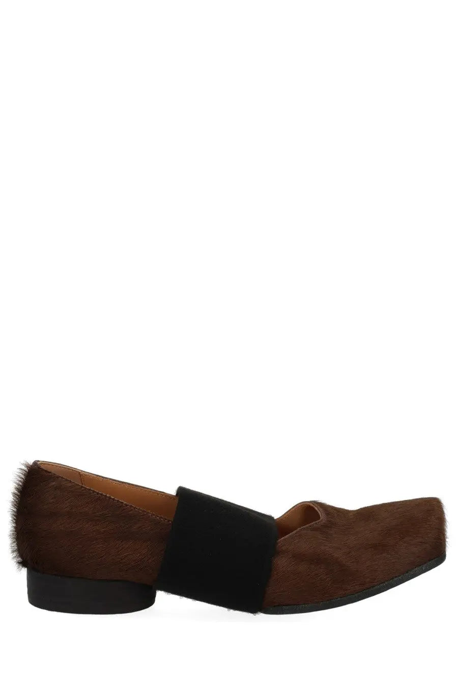 Brown suede loafer with black elastic strap and faux fur trim on heel for uma wang womens square toe ballerina grey
