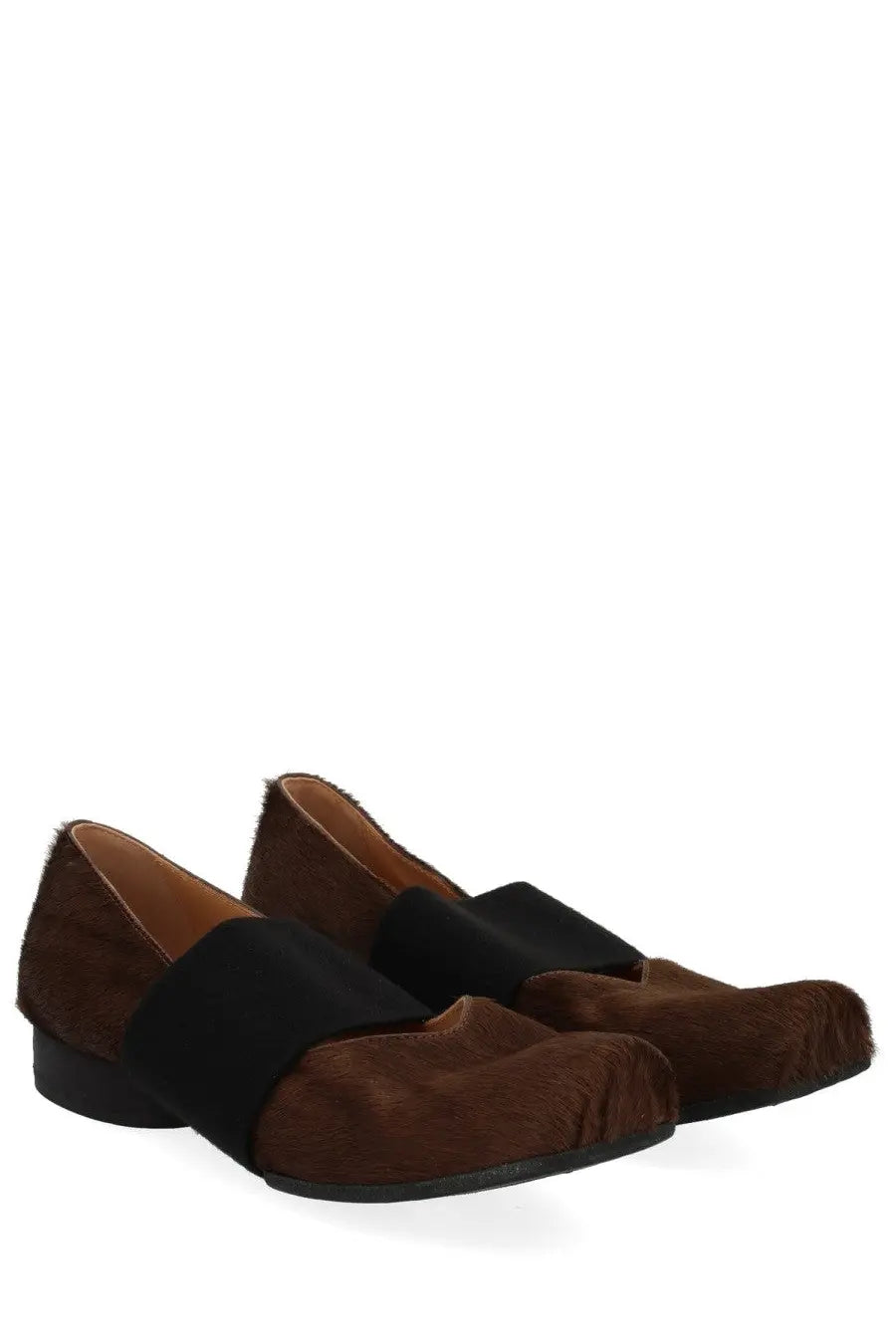 Brown suede loafers with black elastic strap across the instep for uma wang women’s square toe ballerina grey