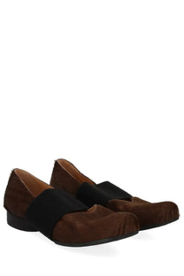 Brown suede loafers with black elastic strap across the instep for uma wang women’s square toe ballerina grey