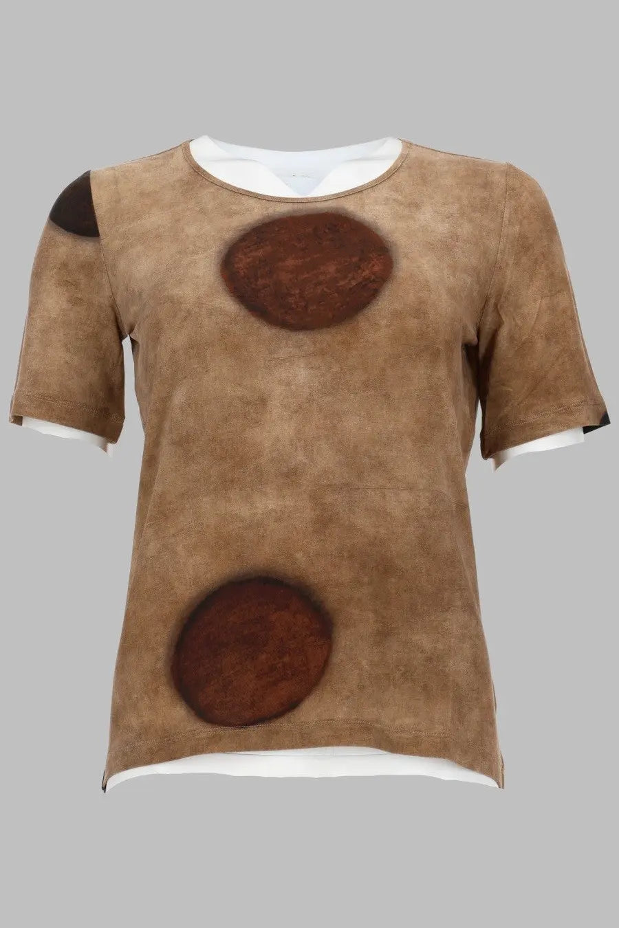 Uma Wang women’s suede short-sleeved top beige with dark brown circular patches and white inner lining