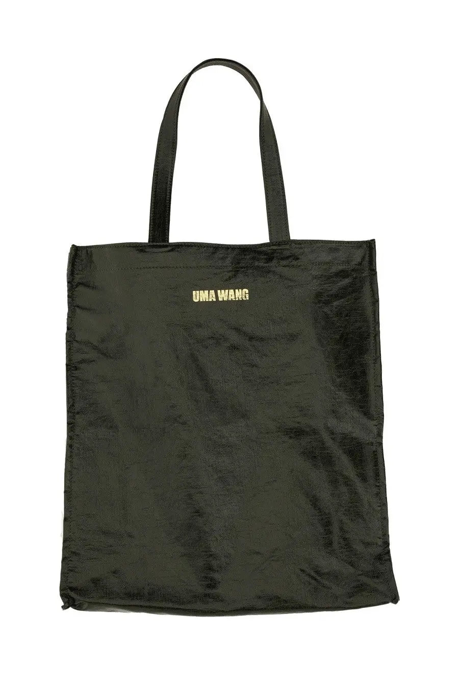 Black uma wang leather tote bag with gold lettering on the front designed for women’s everyday use