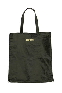 Black uma wang leather tote bag with gold lettering on the front designed for women’s everyday use