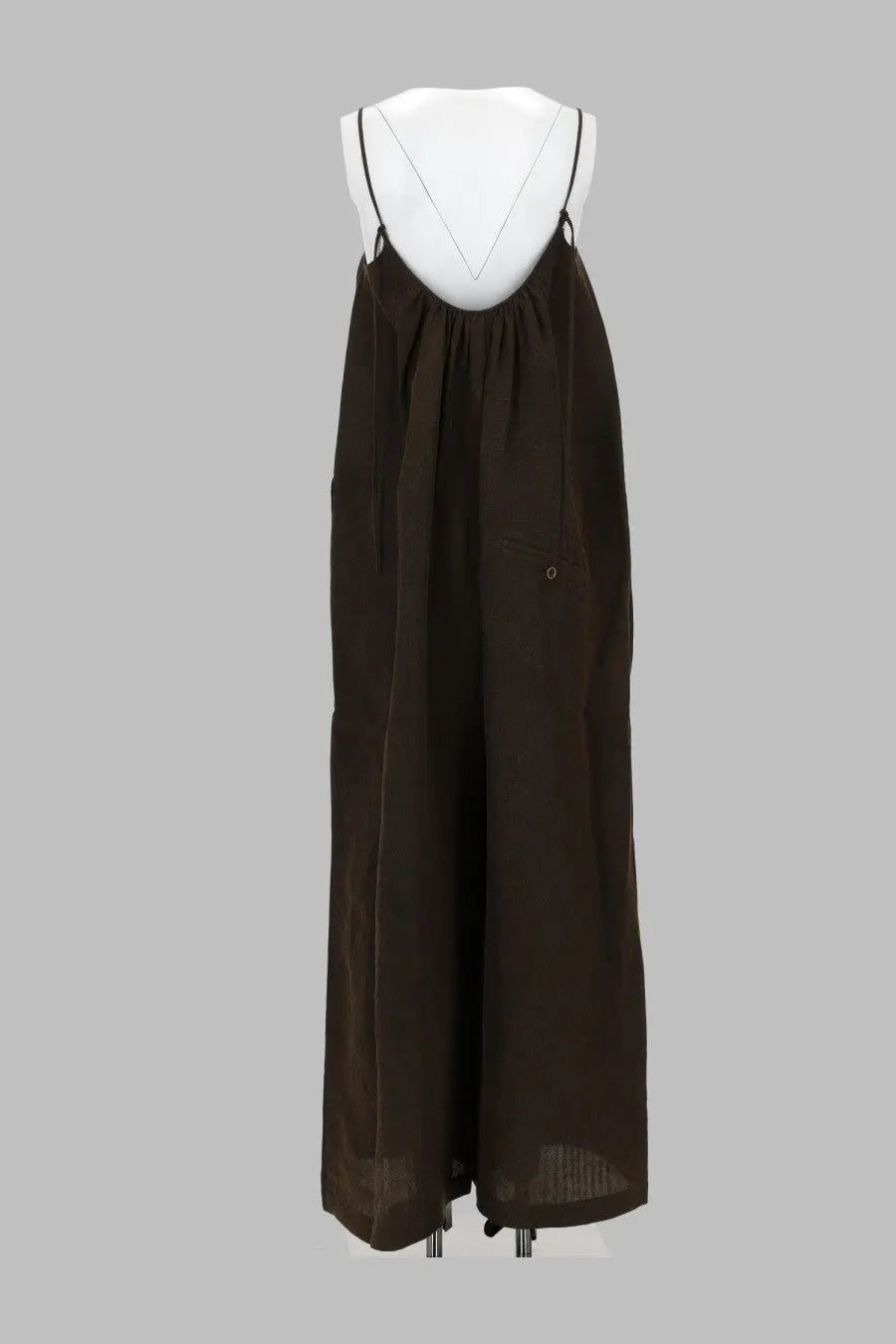 Uma Wang women’s tuta intera paul brown flowing dark brown sleeveless maxi dress with thin black straps and gathered waistline