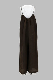Uma Wang women’s tuta intera paul brown flowing dark brown sleeveless maxi dress with thin black straps and gathered waistline