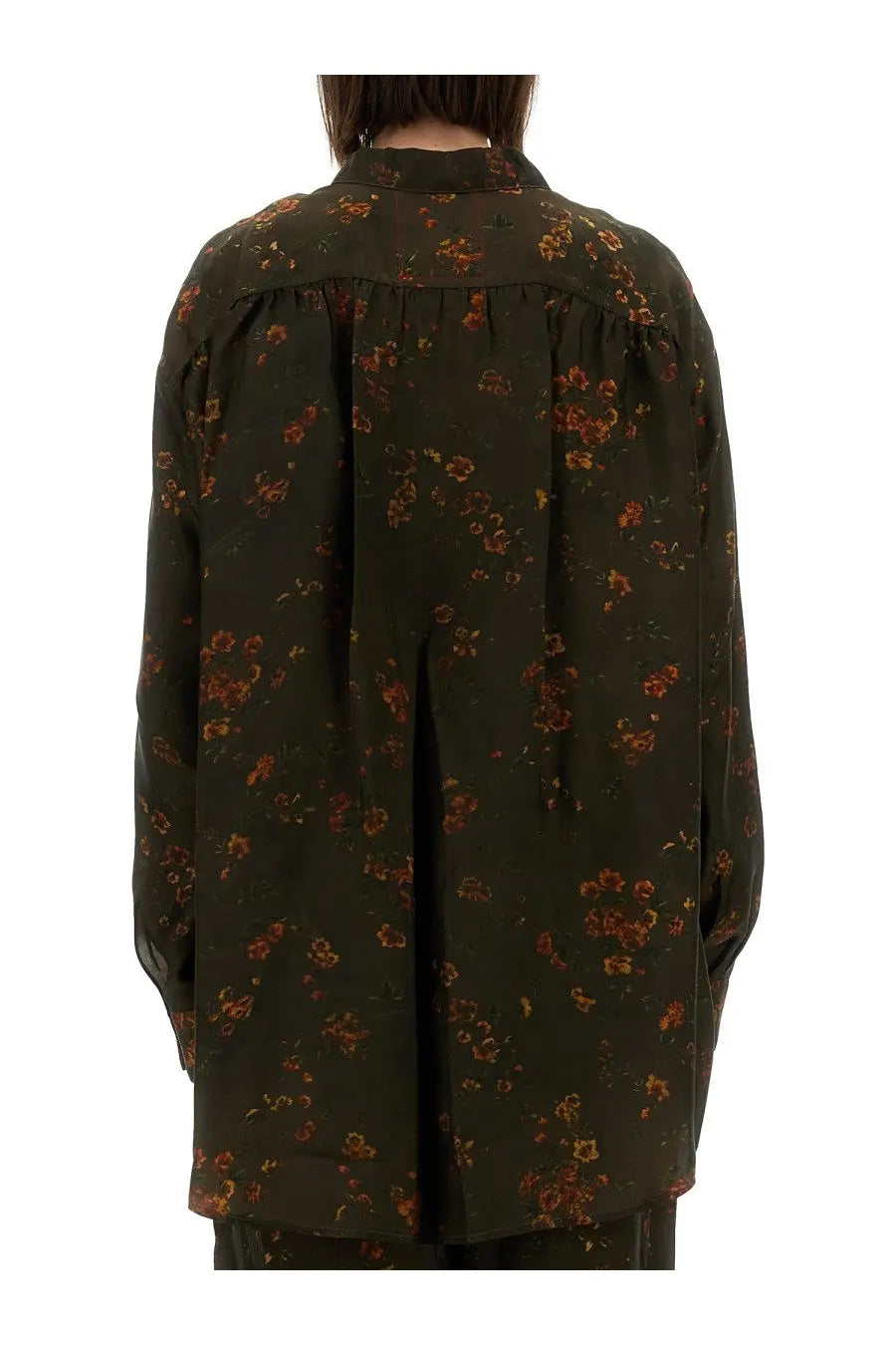 Uma Wang women’s Tyesha shirt green dark green floral blouse with soft flowing silhouette and orange red blossoms