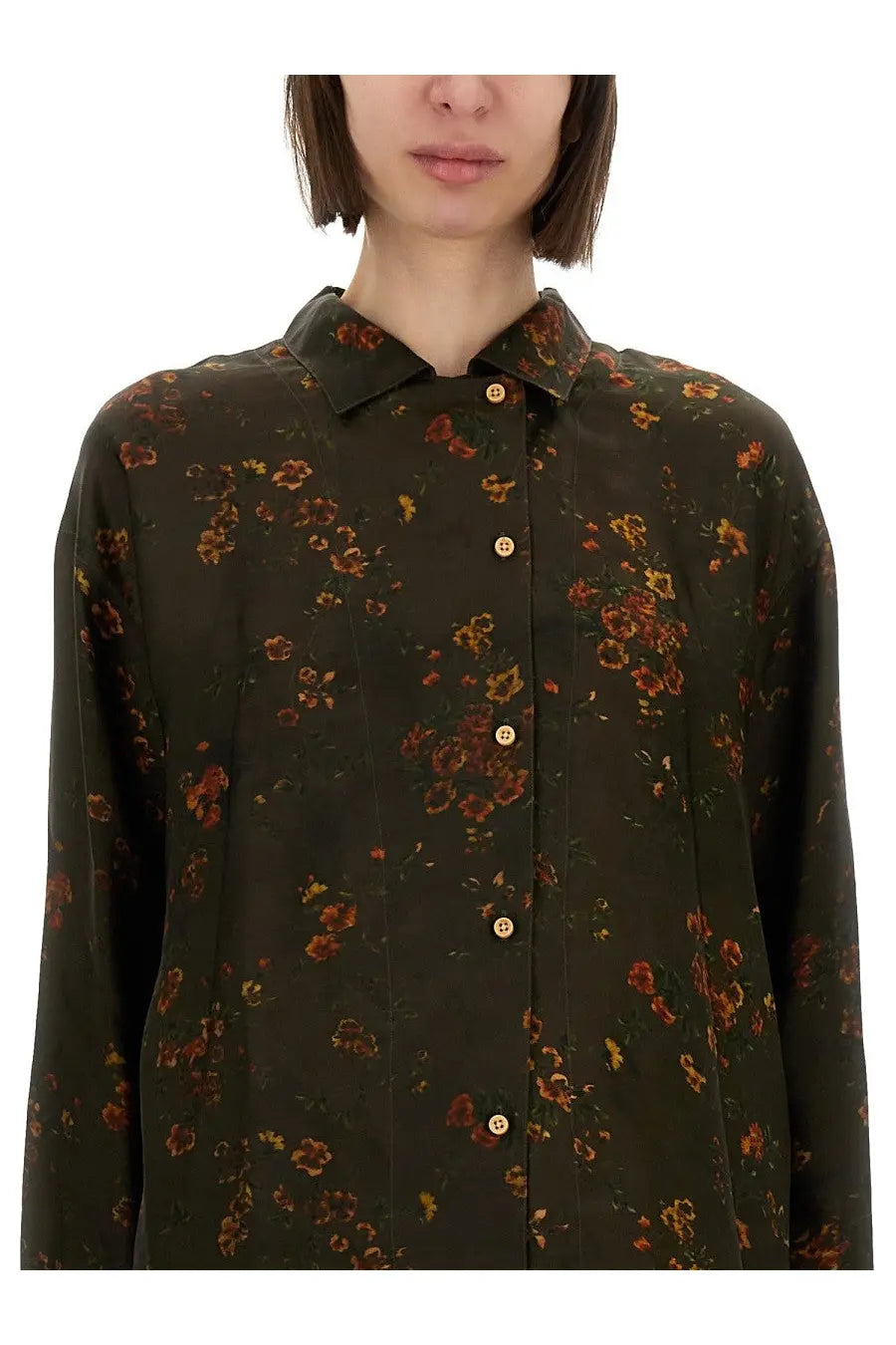 Uma Wang women’s Tyesha shirt green is a dark olive green button-up with rust and gold floral pattern and long sleeves