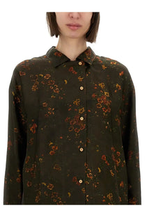 Uma Wang women’s Tyesha shirt green is a dark olive green button-up with rust and gold floral pattern and long sleeves