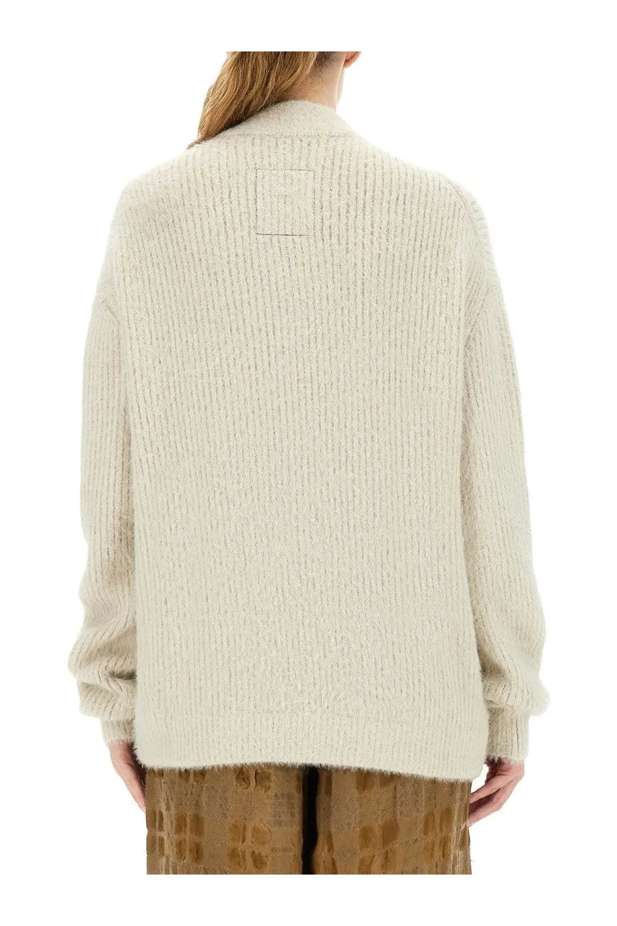 Uma Wang women’s wool blend cardigan in white cream ribbed knit with soft textured fabric and subtle square patch neckline