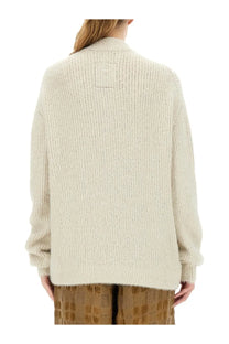 Uma Wang women’s wool blend cardigan in white cream ribbed knit with soft textured fabric and subtle square patch neckline