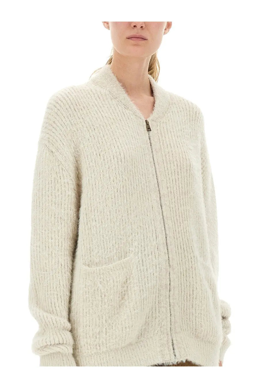 Uma Wang women’s cream ribbed knit zip-up cardigan with soft fuzzy texture wool blend and two front pockets