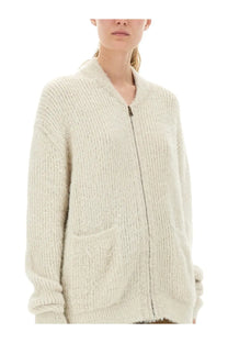 Uma Wang women’s cream ribbed knit zip-up cardigan with soft fuzzy texture wool blend and two front pockets