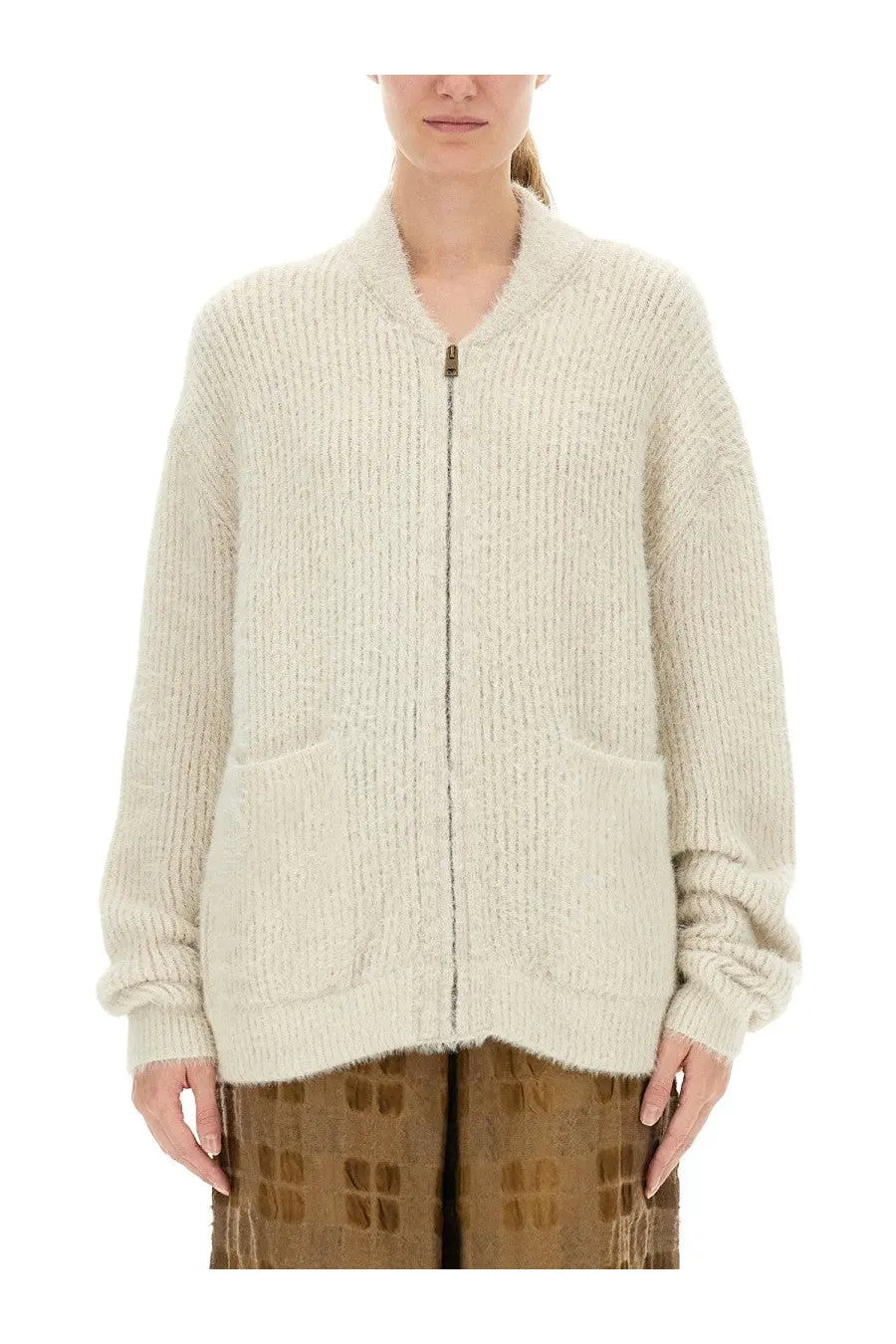 Uma Wang women’s wool blend cardigan in cream with ribbed knit fabric zip-up and two front pockets