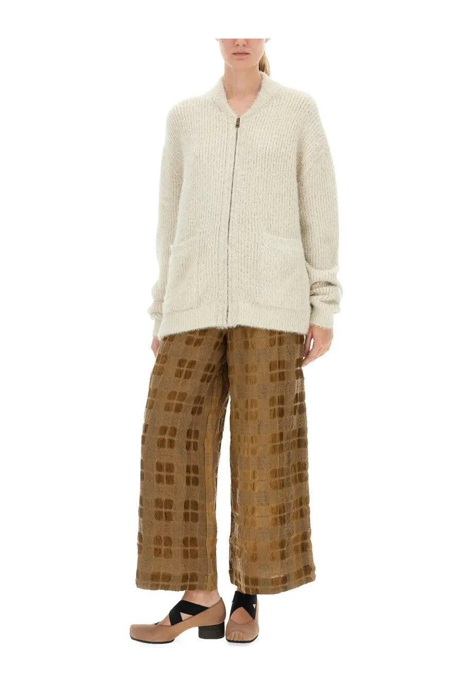 Uma wang women’s cream-colored wool blend ribbed knit zip-up cardigan with two front pockets