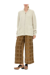Uma wang women’s cream-colored wool blend ribbed knit zip-up cardigan with two front pockets
