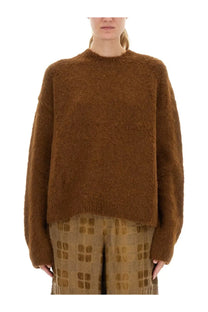 Uma Wang women’s wool blend sweater brown cozy rust colored fuzzy knit with relaxed fit and ribbed cuffs