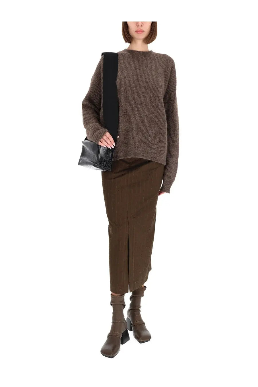 Uma wang women’s wool jersey beige brown ribbed knit sweater with black vertical panel on the shoulder