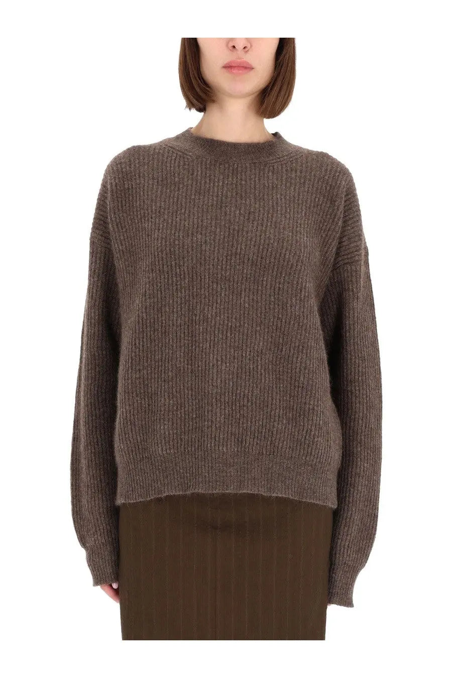 Uma Wang women’s wool jersey beige sweater featuring a cozy oversized brown ribbed knit with textured fabric and relaxed fit