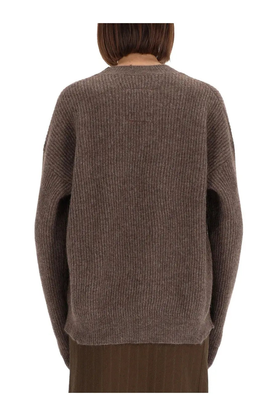Uma Wang women’s beige wool jersey sweater with oversized brown ribbed knit soft textured fabric and relaxed fit