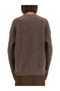 Uma Wang women’s beige wool jersey sweater with oversized brown ribbed knit soft textured fabric and relaxed fit