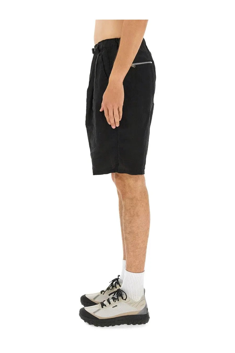 Undercover men’s linen shorts black with a subtle side zipper pocket and drawstring waist for casual comfort
