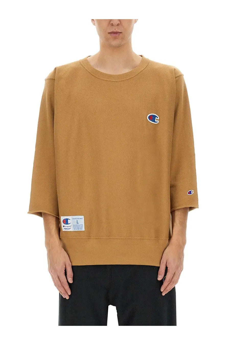 Undercover unisex tan champion sweatshirt with classic crew neck three quarter sleeves and embroidered logos