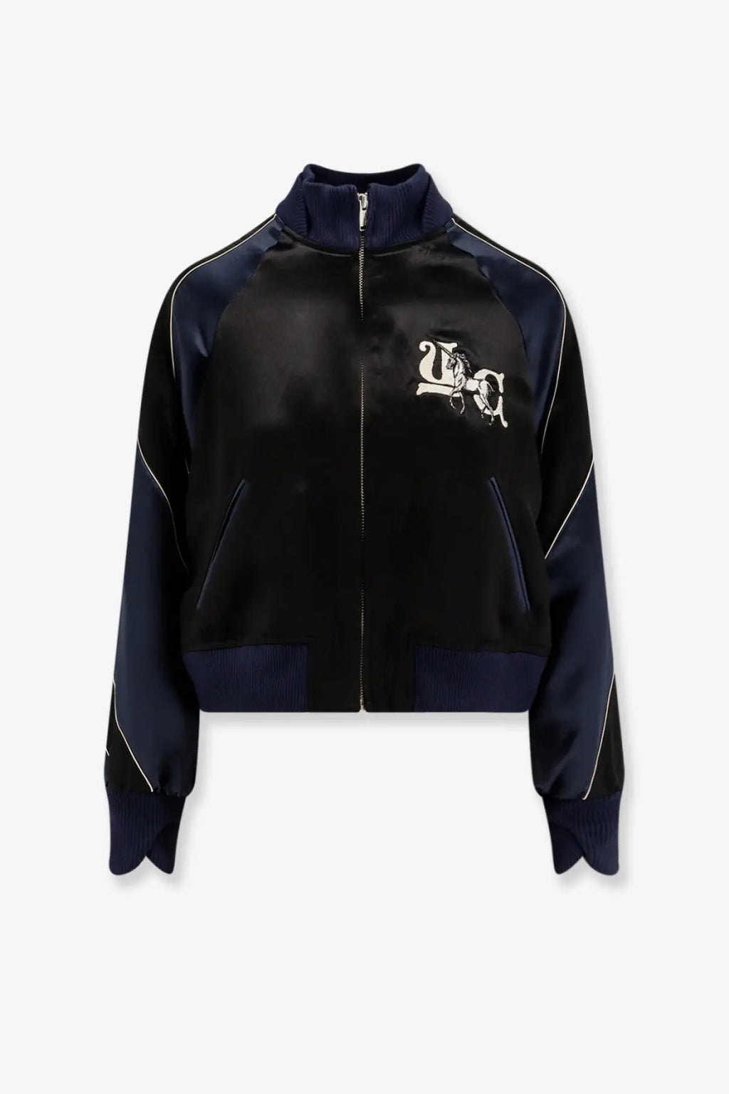 Undercover women’s satin bomber jacket in black and navy with white embroidered logo on the chest