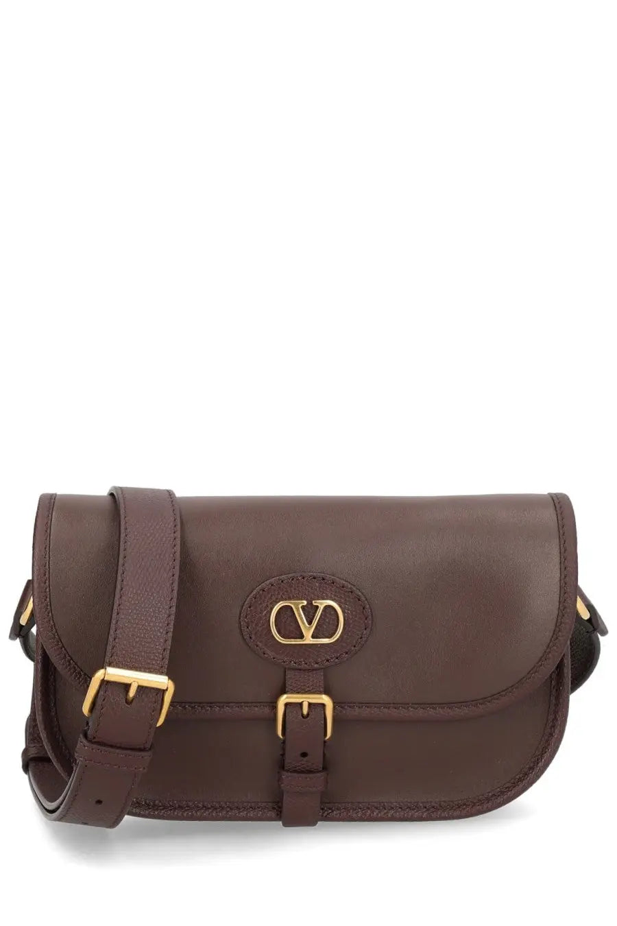 Valentino men’s Antibes brown leather shoulder bag with gold-tone hardware and central logo plaque