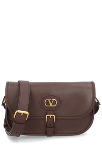 Valentino men’s Antibes brown leather shoulder bag with gold-tone hardware and central logo plaque