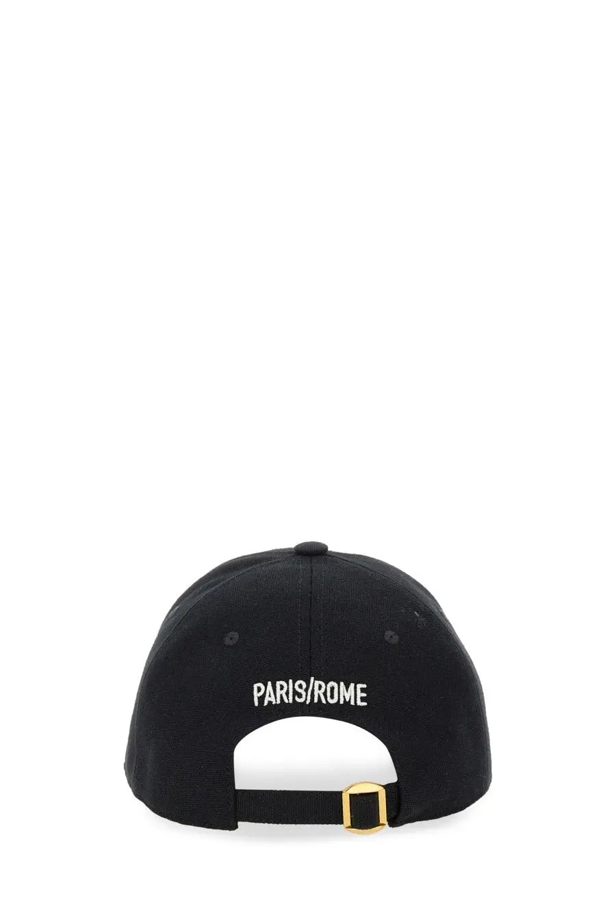 Back view of valentino men’s black baseball cap with paris rome embroidery and gold-tone adjustable buckle strap
