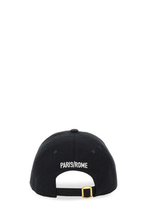 Back view of valentino men’s black baseball cap with paris rome embroidery and gold-tone adjustable buckle strap