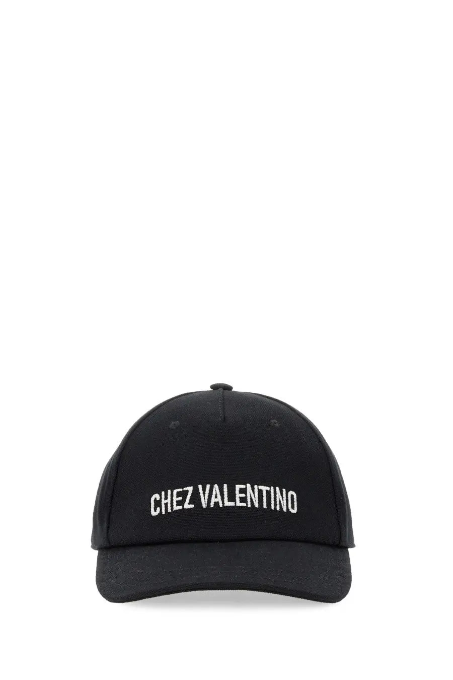 Valentino men’s black baseball cap with white embroidered chez valentino text on the front panel