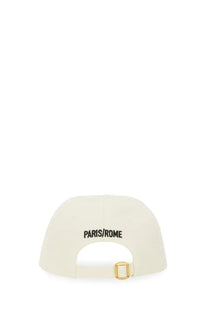 Valentino men’s white off-white baseball cap with black embroidered paris rome text and gold-tone buckle