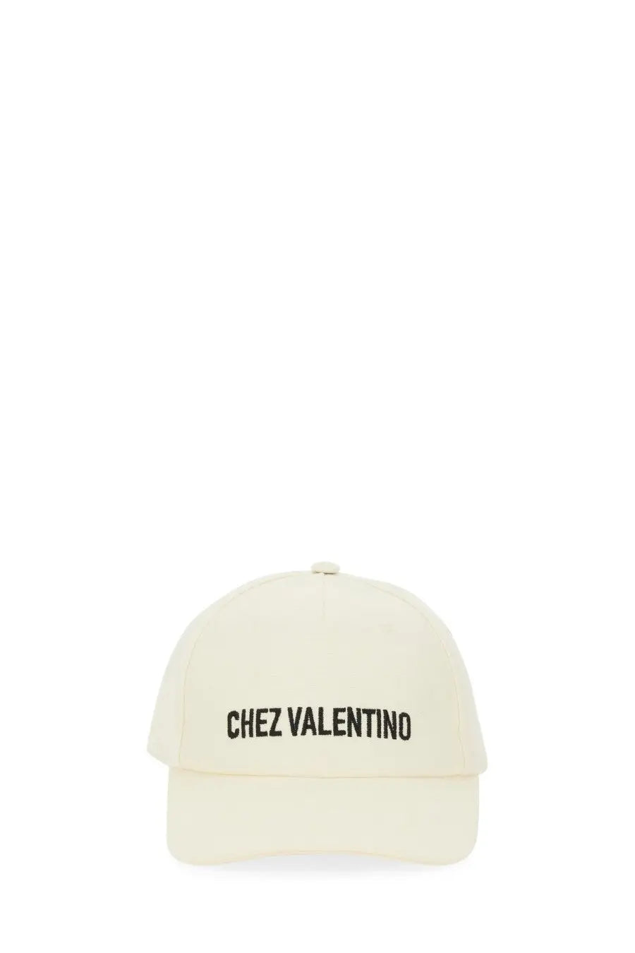 Valentino men’s white baseball cap featuring cream color and black embroidered chez valentino text on front