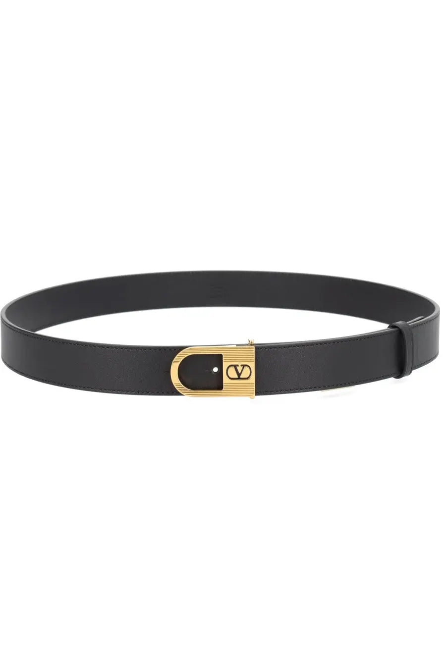 Valentino men’s black leather belt with gold-tone buckle featuring the Vlogo logo for stylish wear