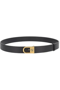 Valentino men’s black leather belt with gold-tone buckle featuring the Vlogo logo for stylish wear