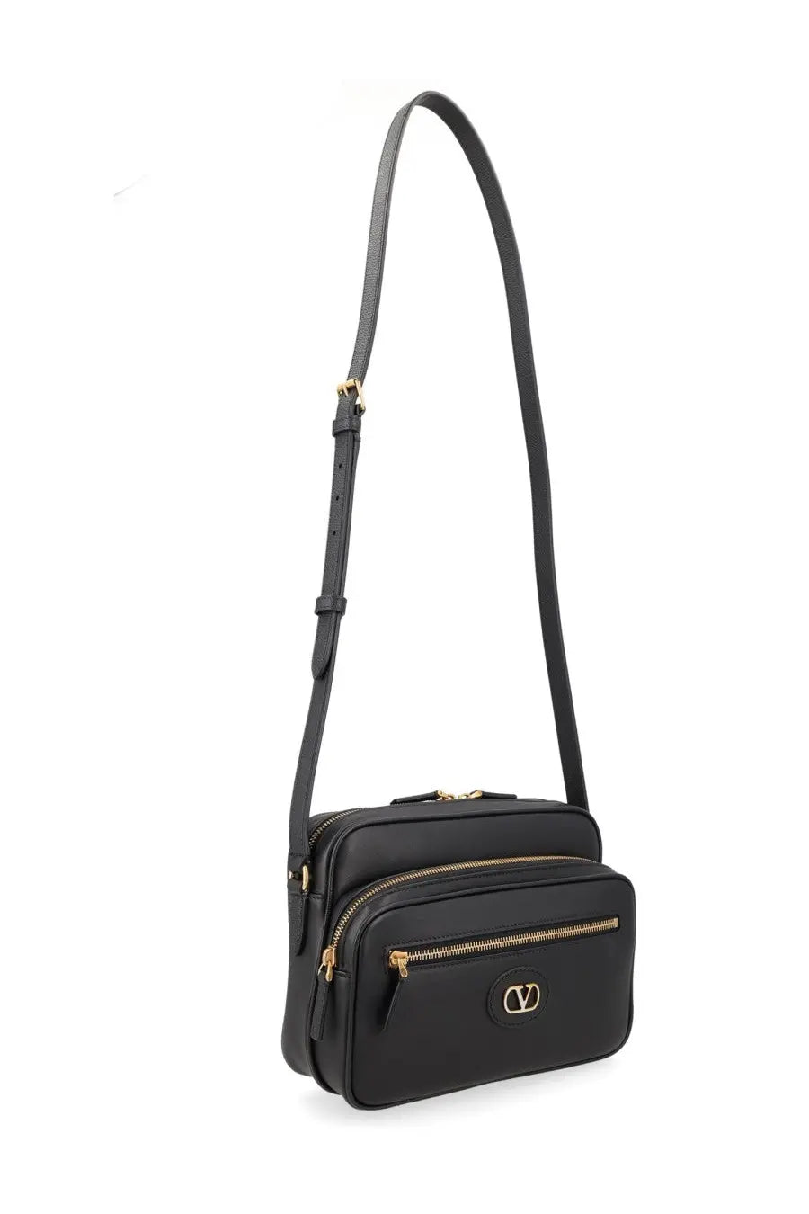 Valentino men’s borsa antibes con black crossbody bag in black leather with gold-tone hardware and logo plaque