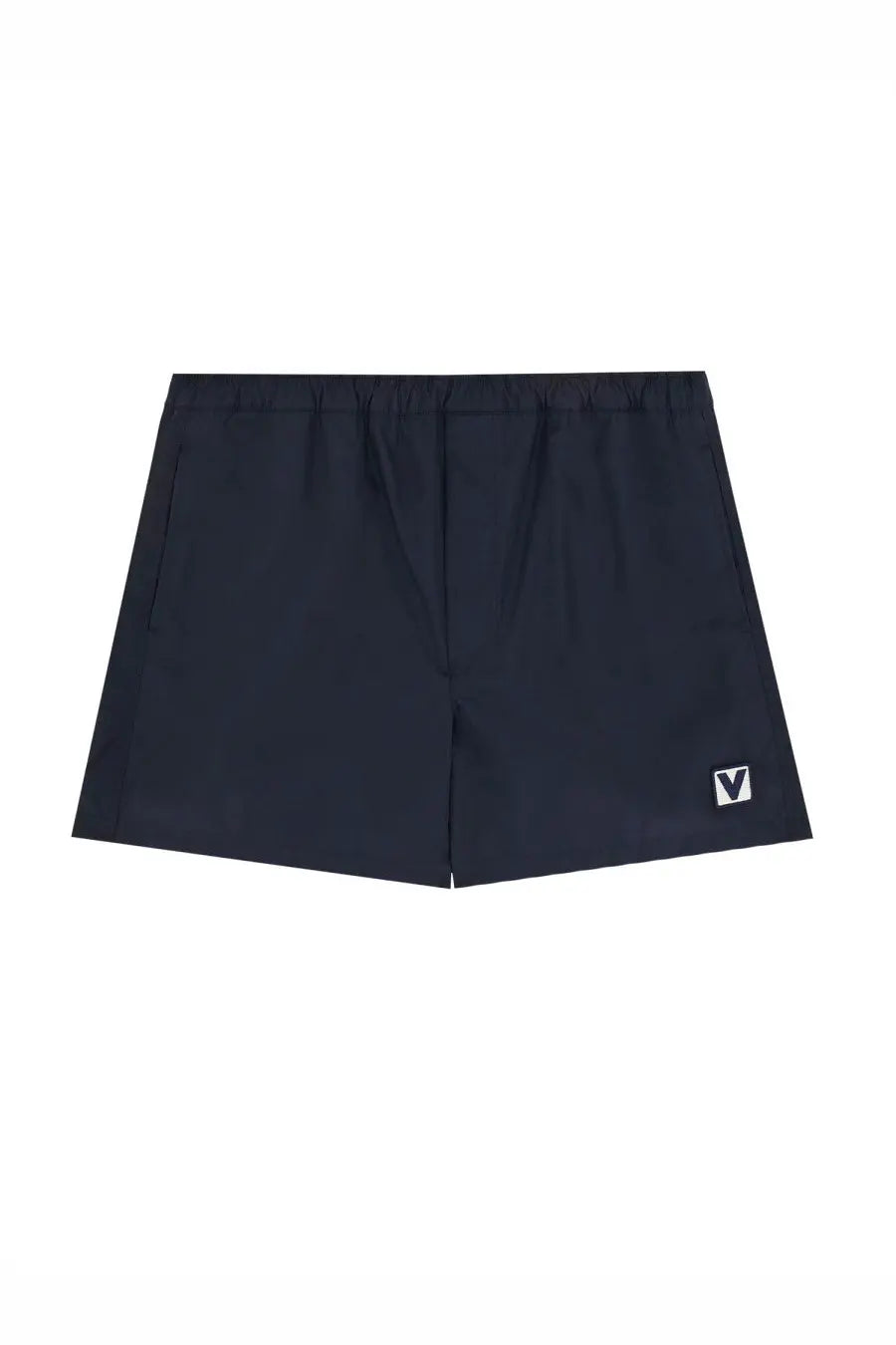 Valentino men’s boxer swimsuit blue with dark navy athletic shorts featuring subtle elastic waistband and white logo patch