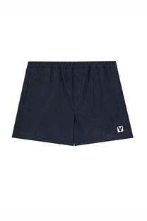 Valentino men’s boxer swimsuit blue with dark navy athletic shorts featuring subtle elastic waistband and white logo patch