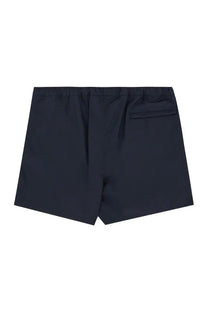 Valentino men’s boxer swimsuit blue showing dark navy swim trunks with elastic waistband and rear pocket back side view