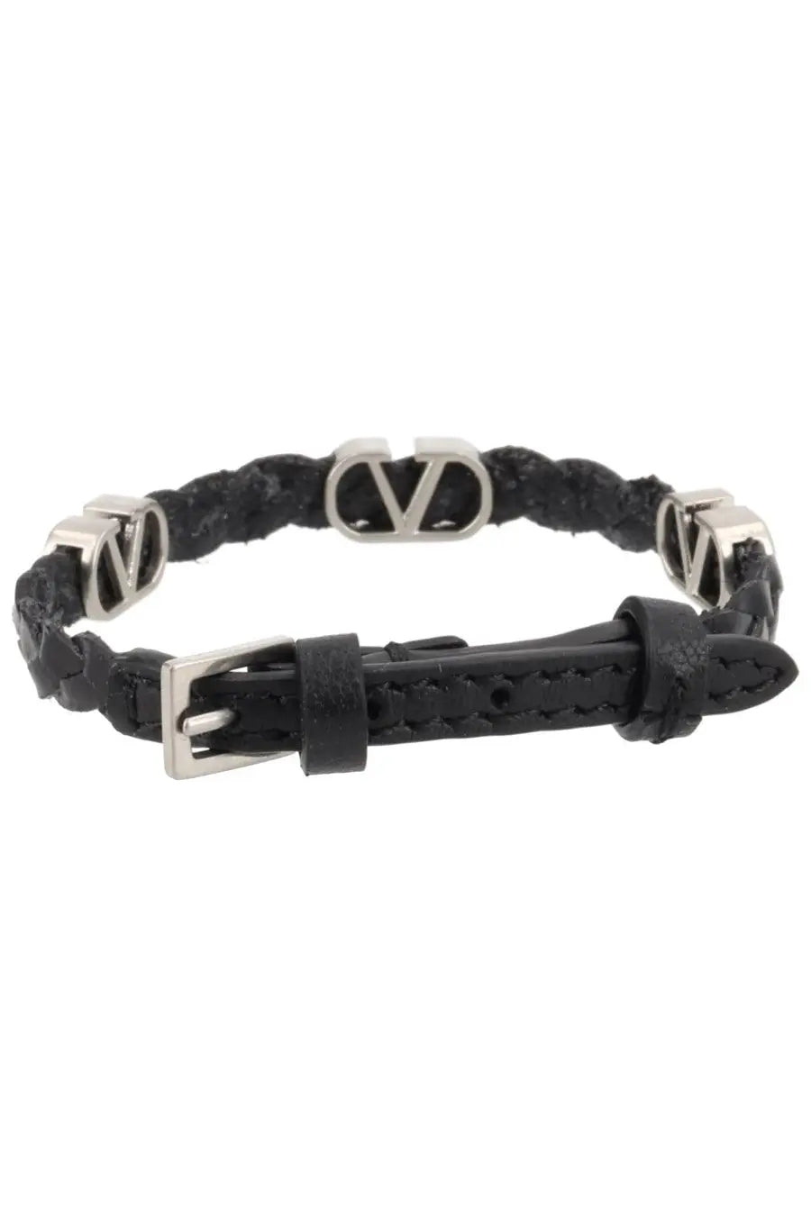 Valentino men’s black braided leather bracelet with silver-tone vlogo hardware and matching buckle